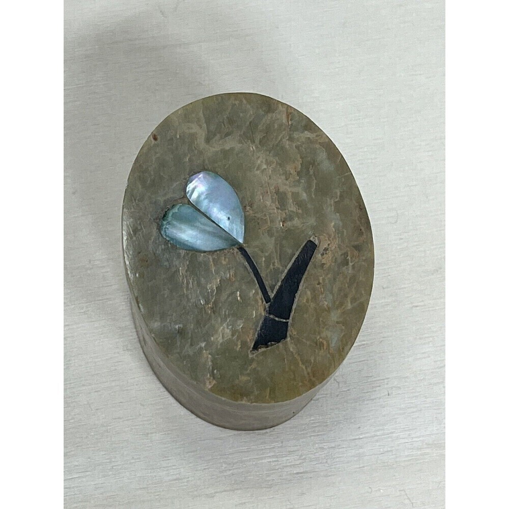 Vintage Soapstone Oval Blue Abalone & Onyx Tulip Inlay Keepsake Box Blue